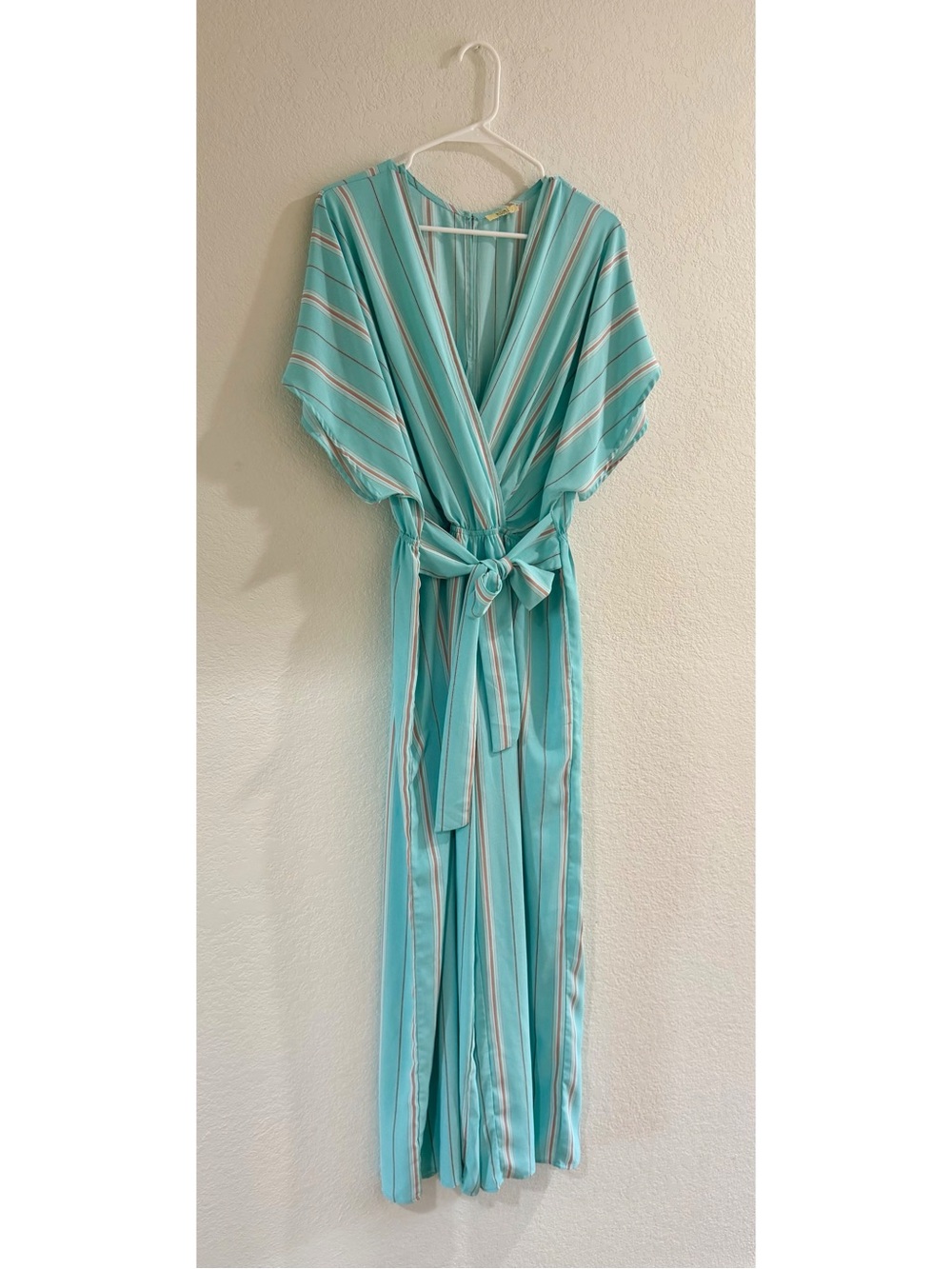 Kori Aqua and Coral Striped Wrap-Style Jumpsuit